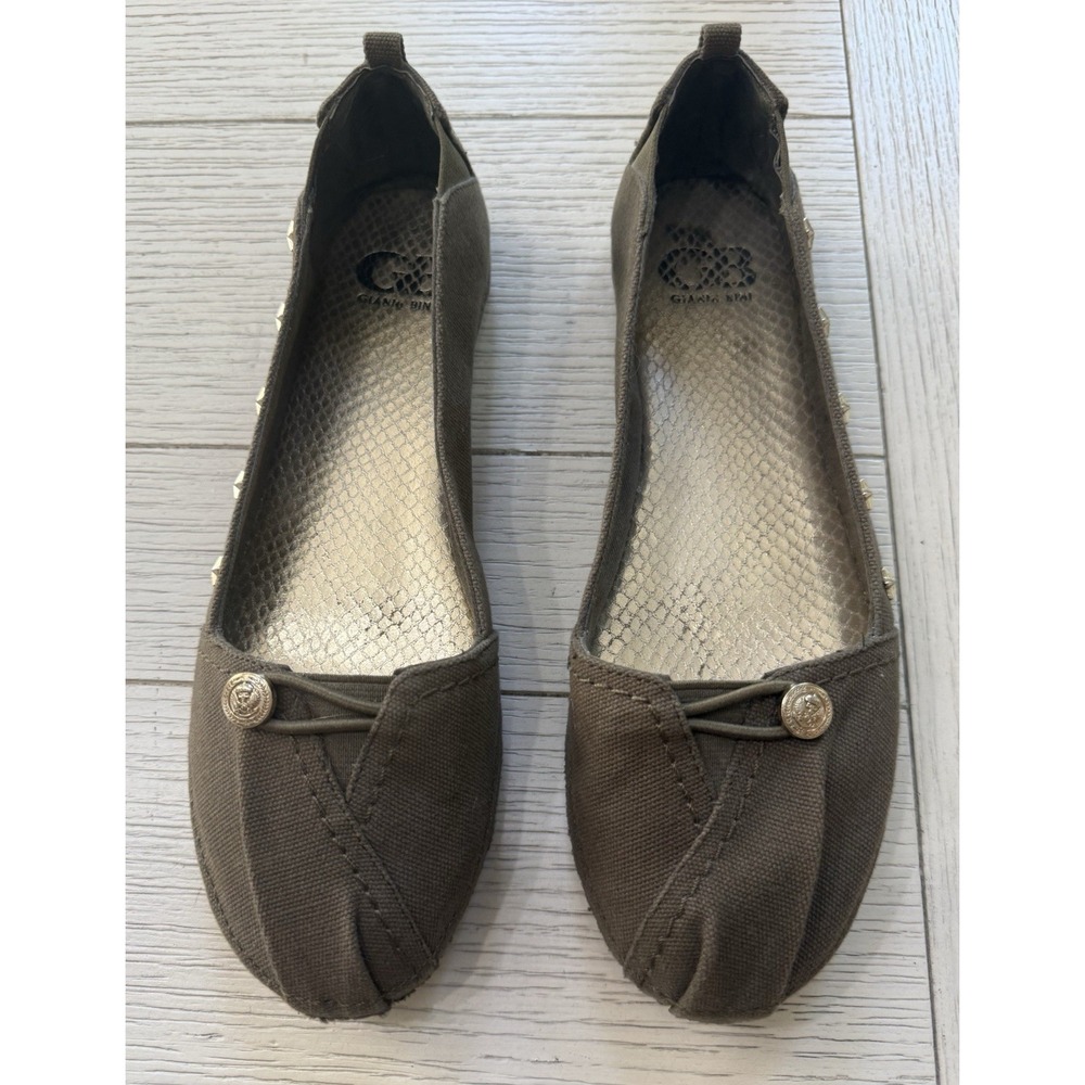 Gianni Bini Vtg Olive Green Canvas Ballet Flat Shoes Gold Star & Medallion 8.5